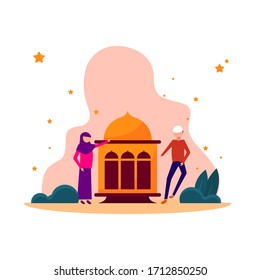 Muslim Cartoon with Mosque Vector. Isolated Flat Cartoon Illustration