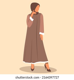 Muslim cartoon woman in hijab, Arabic young girl in fashion traditional dress abaya from UAE or Saudi Arabia posing, islamic model vector illustration