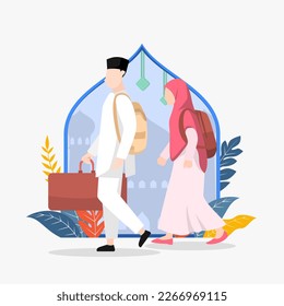 muslim character homecoming vector flat illustration