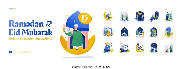 Muslim character illustration set celebrating ramadan kareem and eid mubarak, Happy Eid al fitr, Ramadan iftar tradition, Vector design