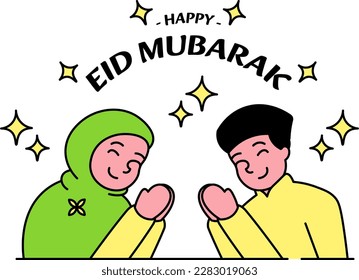Personajes musulmanes saludándose y celebrando Eid Mubarak