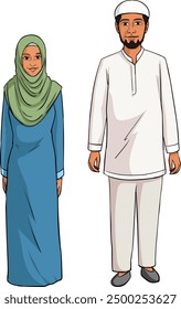 Muslim characters husband and wife vector, Cartoon muslim  couple Illustration