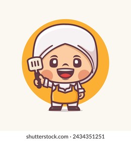Dibujo animado del chef musulmán con la espátula, ilustración vectorial en estilo del contorno