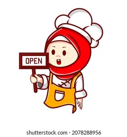 Muslim chef character holding an open sign. chibi designs