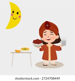 Muslim Child Breaking Fast at Iftar Time During Ramadan Night