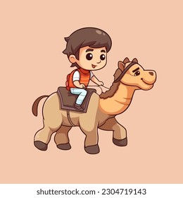 Muslim Child Cartoon Icon, Vector Illustration of a Little Kid Riding a Camel in the Desert