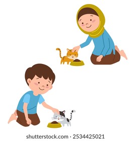 A muslim child feeding a cat