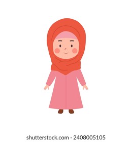 Niña musulmana profesa la fe islámica. Retrato de una niña árabe musulmana con vestido tradicional y hijab, ilustración vectorial plana aislada en fondo blanco.