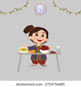 Niño musulmán cenando Iftar en casa durante el Ramadán