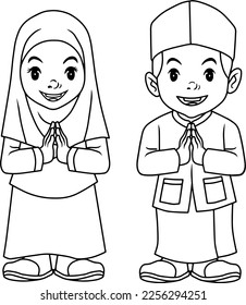 Ilustración vectorial de línea infantil musulmana aislada en fondo blanco