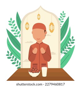 Muslim child pray for iftar breakfasting ramadan. muslim character with ramadan background. suitable for many purposes.