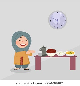 Criança Muçulmana prepara refeição iftar em casa durante o Ramadã