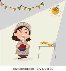 Niño musulmán prepara comida Iftar en casa durante el Ramadán
