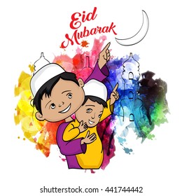 Muslim child showing Eid Moon .Vector illustration on the holy festival of eid celebration.