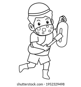 Muslim children boys hitting drum from wood traditional muslim drum from asia ,awaken suhoorramadan month , using mask and healthy protocol.Vector character illustration.