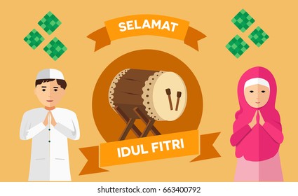 Muslim children are celebrating Eid Mubarak, Eid Al Fitr, with bedug the traditional drum ornament or symbols of islamic  musical instrument.