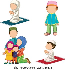 Muslim children and it's family vector praying dua.