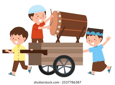 Muslim children go around with wooden drum and cart during Ramadan