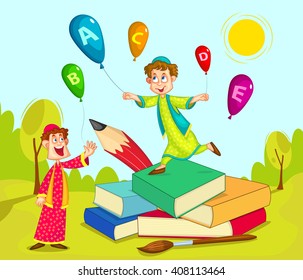 Muslim children playing with book and pencil  in vector