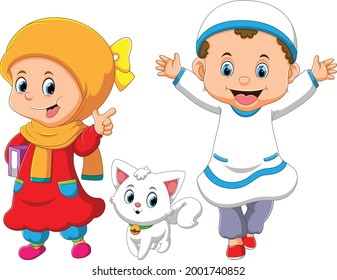 The muslim children is posing with the cute kitten of illustration