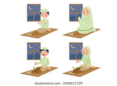 
Muslim children praying and reciting the Koran at night