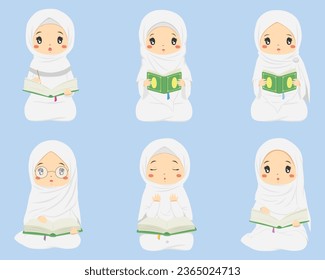 Muslim children reading Quran character vector set. cute Muslim girls in white clothes, holding and reading Quran.