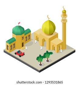 Muslim city life in isometric view. Mosque, Arab people, Arabian house, car and palm trees.