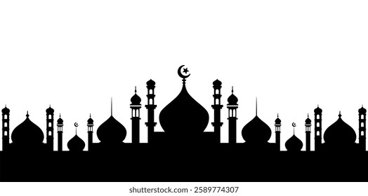 Muslim cityscape black monochrome silhouette background vector illustration. Islamic city skyline with mosque and minaret Arabic architecture panorama. Oriental building landmark Eastern religion