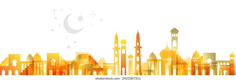 Muslim cityscape. Colorful golden horizontal border from traditional islamic architecture. Vector decorative divider.