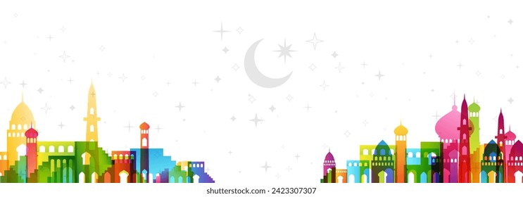 Muslim cityscape. Colorful horizontal border from traditional islamic architecture. Vector decorative divider in rainbow colors.