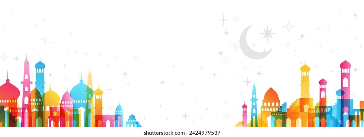 Muslim cityscape. Colorful horizontal border from traditional islamic architecture. Vector decorative divider.