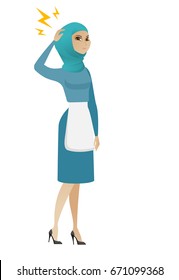 Limpiadora musulmana con un rayo sobre su cabeza. Largo y largo de un joven y furioso limpiador uniformado de pie bajo un rayo. Ilustración de diseño plana de vectores aislada en fondo blanco