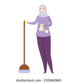 Mujer musulmana limpiadora con cortadora y agente de limpieza en una botella. Ilustración vectorial.