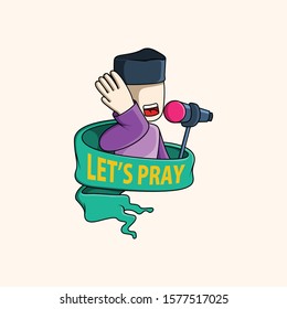 Muslim cleric raises right hand to ear as he recites the Islamic call to prayer with text let's pray. vector - illustration