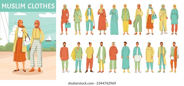 Muslim clothes composition with arab culture symbols flat isolated vector illustration