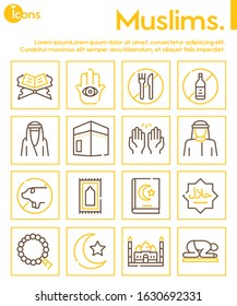 Muslim color linear vector icons set. Saudi Arabian. Ramadan Kareem, Eid Mubarak. Islam concept.