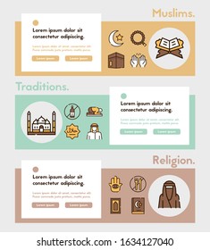 Muslim color linear vector icons set. Saudi Arabian. Ramadan Kareem, Eid Mubarak. Islam concept.