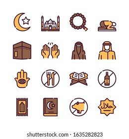 Muslim color linear vector icons set. Saudi Arabian. Ramadan Kareem, Eid Mubarak. Islam concept.