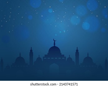 Muslim Community Festival Concept With Silhouette Mosque, Bokeh Lights Effect On Blue Islamic Pattern Background And Copy Space.