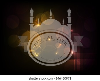 Muslim community festival Eid Al Fitr (Eid Mubarak) concept with illustration of mosque on shiny brown background.