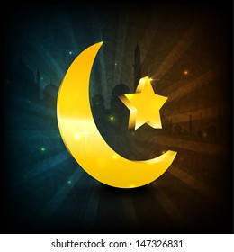 Muslim community festival Eid Al Fitr (Eid Mubarak) concept with golden moon and star.