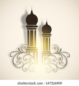 Muslim community festival Eid Al Fitr (Eid Mubarak) concept with mosque on floral decorated background. 