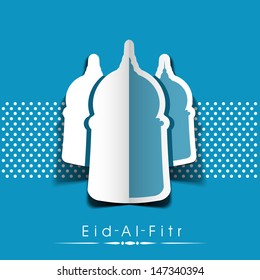 Muslim community festival Eid Al Fitr (Eid Mubarak) concept with mosque design on blue background. 