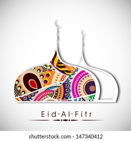 Muslim community festival Eid Al Fitr (Eid Muabrak) concept with floral decorated mosque design on abstract grey background. 