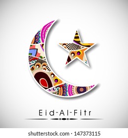 Muslim community festival Eid Al FItr (Eid Mubarak) with floral decorated moon and star on abstract grey background. 