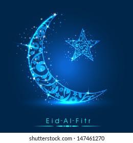 Muslim community festival Eid Al Fitr (Eid Mubarak) concept with decorated shiny moon and star on shiny blue background. 