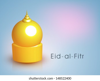 Muslim community festival Eid Al FItr (Eid Mubarak) concept with golden mosque on abstract blue background.
