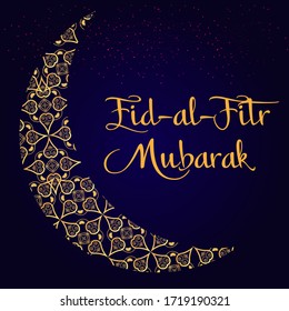 Muslim community festival Eid Al Fitr (Eid Mubarak). Islamic crescent. Text of Eid Al Fitr Mubarak. Stock vector illustration.
