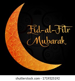 Muslim community festival Eid Al Fitr (Eid Mubarak). Islamic crescent. Text of Eid Al Fitr Mubarak. Stock vector illustration on black background.