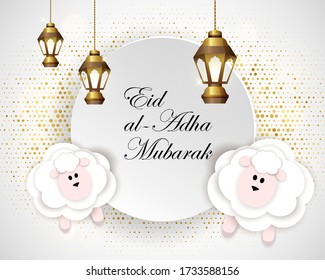 Muslim community festival Eid al Adha Mubarak beautiful greeting card with lantern, pearl, calligraphy. Sacrifice Feast eid al adha mubarak, eid al adha festive, eid ul adha card design